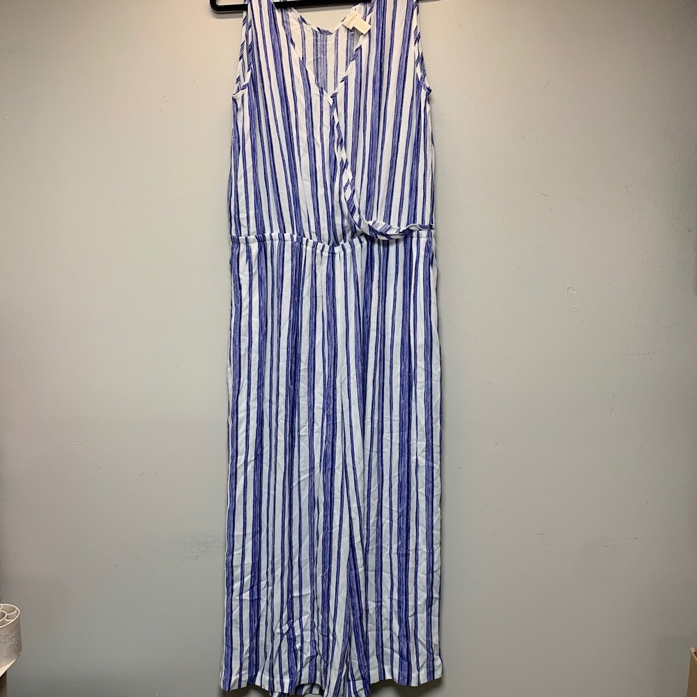 Chico's Striped Wide Leg Jumpsuit Womens 2.5 Blue White Excellent Sleeveless Ray